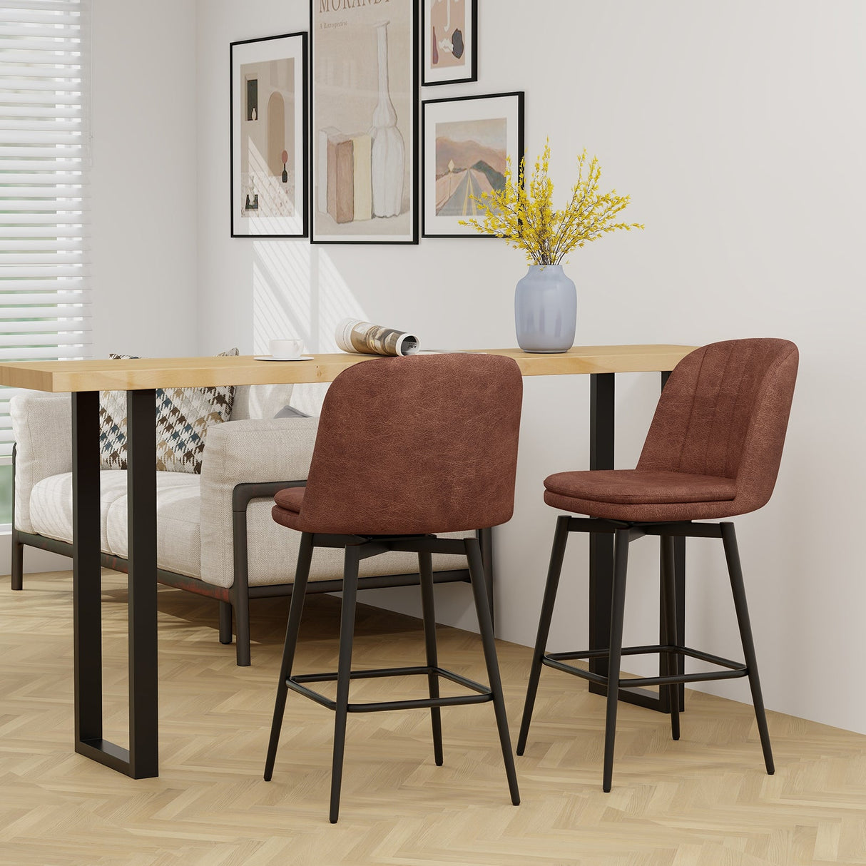 Juego de 2 taburetes de bar giratorios de 27 pulgadas, sillas de altura de mostrador con asiento acolchado, negro y marrón