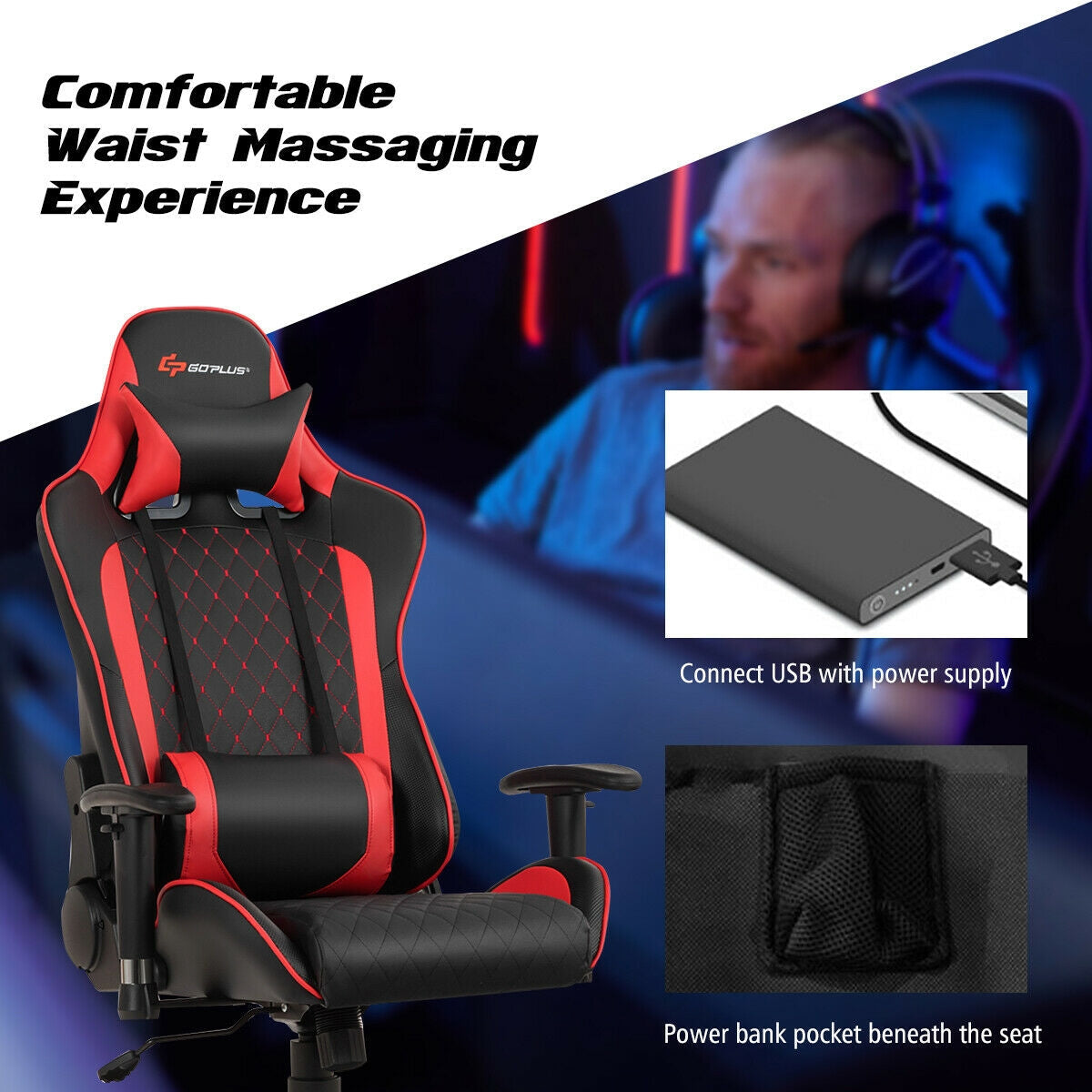 Silla de juego con masaje, soporte lumbar y reposacabezas