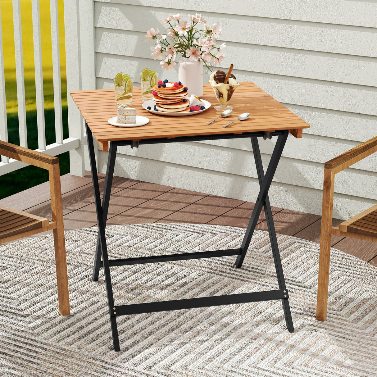 Mesa cuadrada plegable para patio de 28 pulgadas con tablero de listones para porche o patio trasero