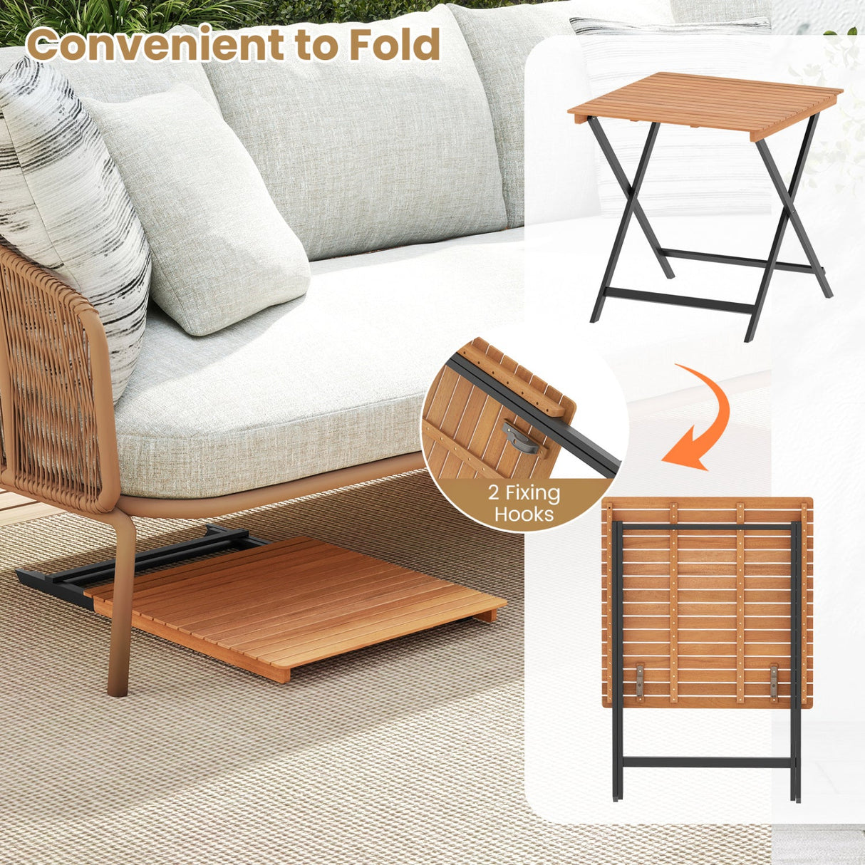 Mesa cuadrada plegable para patio de 28 pulgadas con tablero de listones para porche o patio trasero