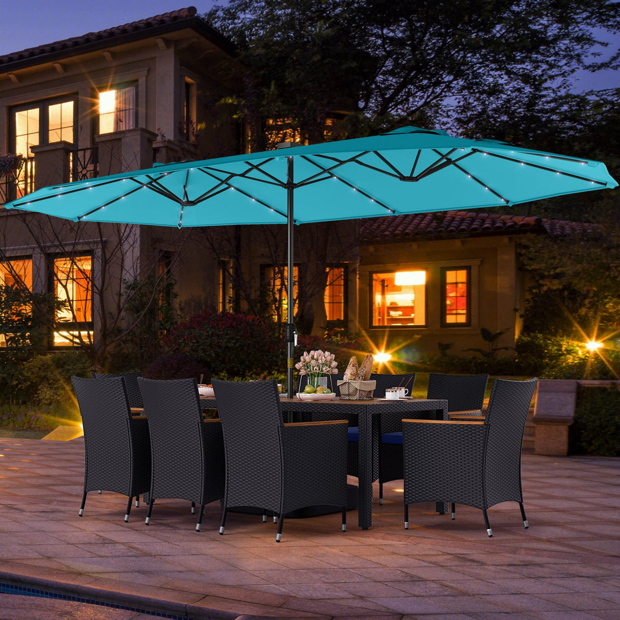 Juego de comedor de patio de 11 piezas con sombrilla LED para patio con base y cojines de asiento (azul marino)