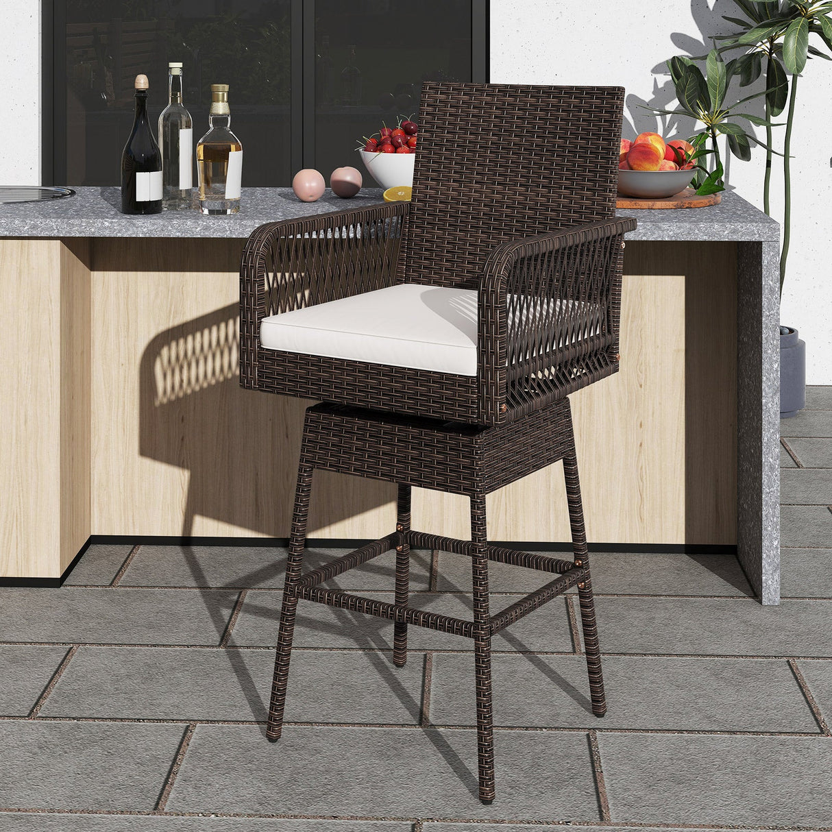 Taburete de bar giratorio 360° de 29 pulgadas para patio con reposabrazos entrecruzados y cojín de asiento - Blanco