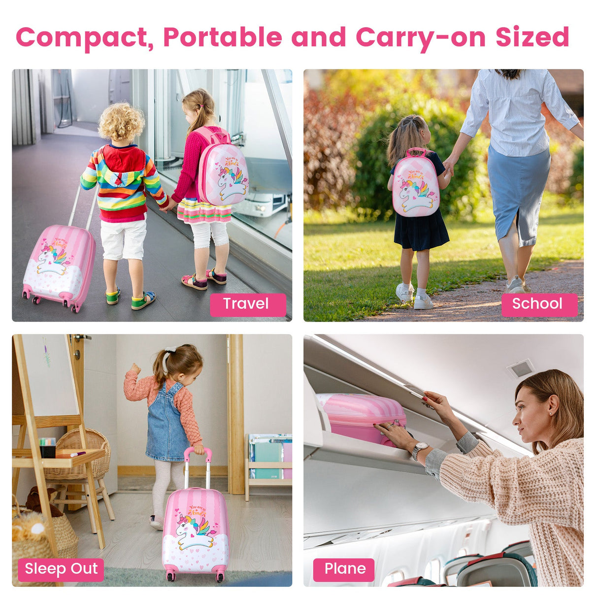 Juego de equipaje para niños de 2 piezas, 12 y 16 pulgadas, con mochila y maleta para viaje - Lindo unicornio