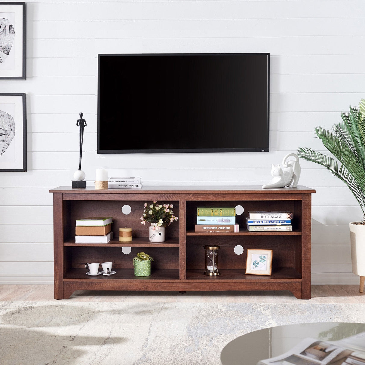 Mueble para TV de madera de 58 pulgadas para televisores de hasta 65 pulgadas con 4 estantes de almacenamiento abiertos
