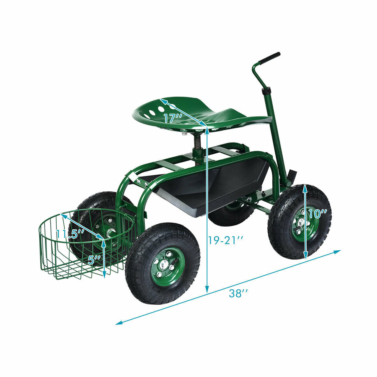 Carro de jardín con manillar extensible y asiento con ruedas