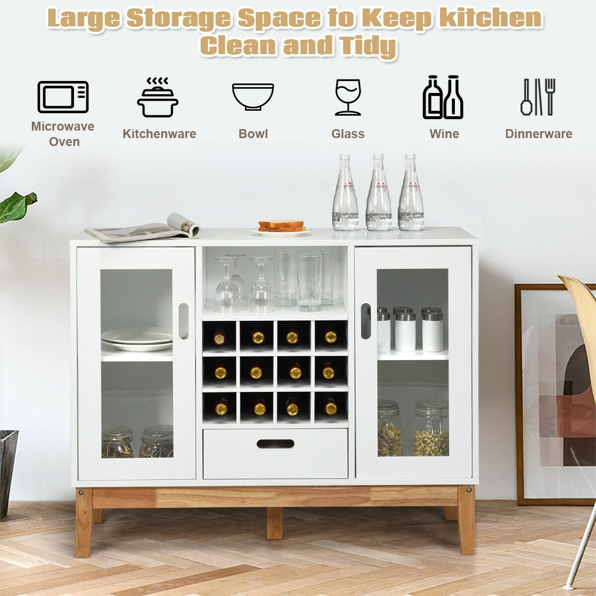 Mueble de almacenamiento de vino de madera Aparador Consola Buffet Servidor - Blanco