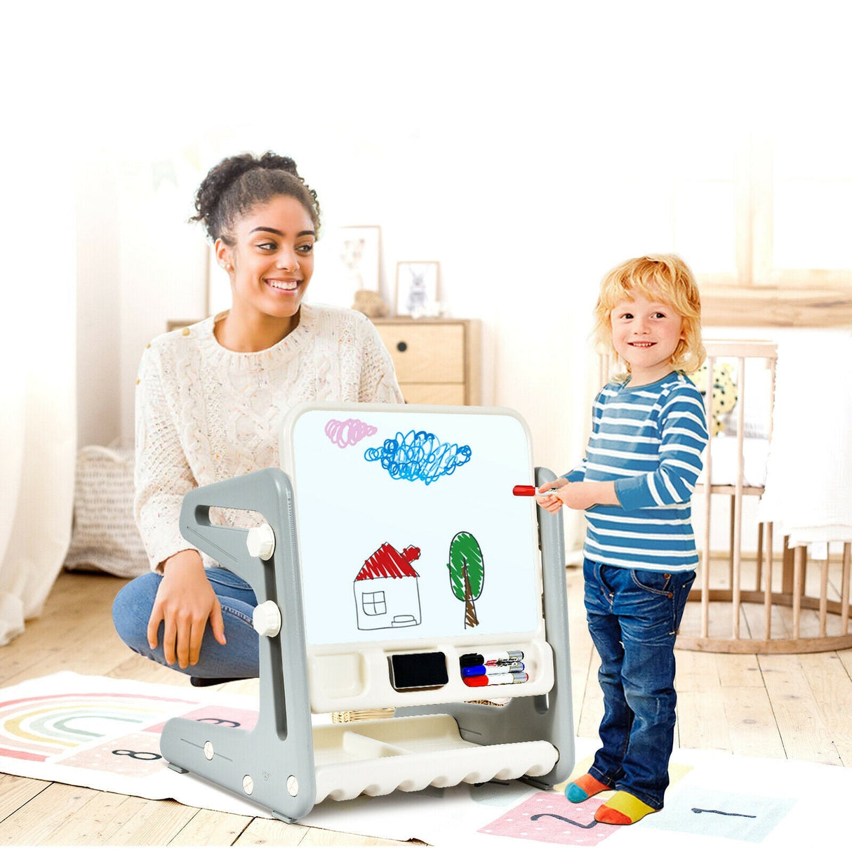 Set de mesa y silla para niños 2 en 1 con caballete y tablero de pintura artística ajustable