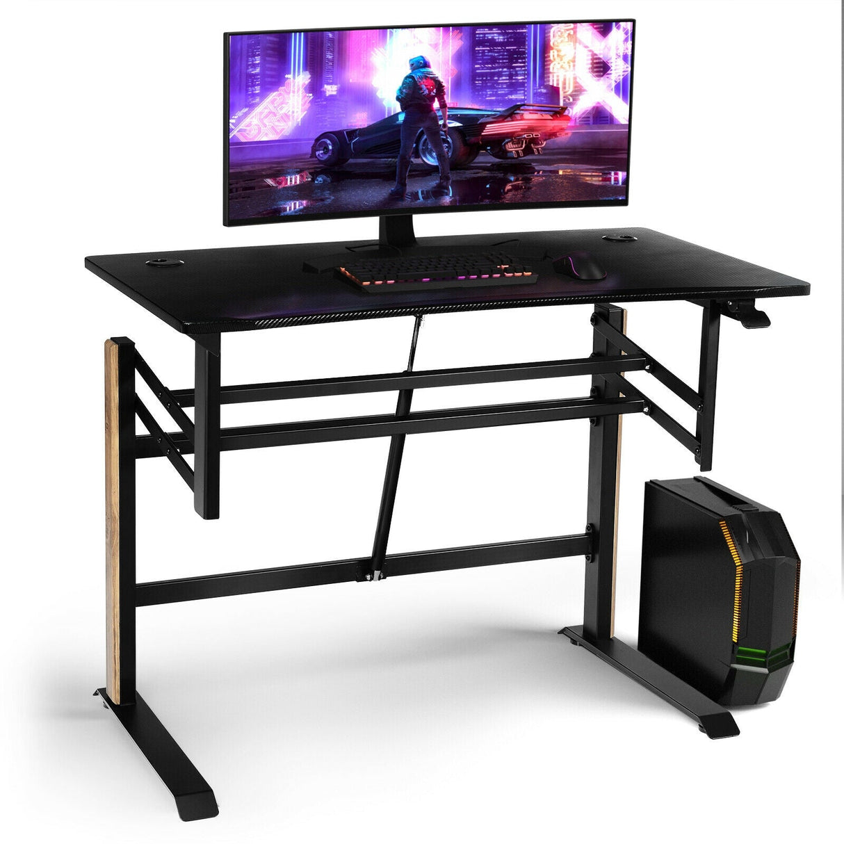 Escritorio de juegos neumático de altura ajustable en forma de T con bandeja para regleta - Negro