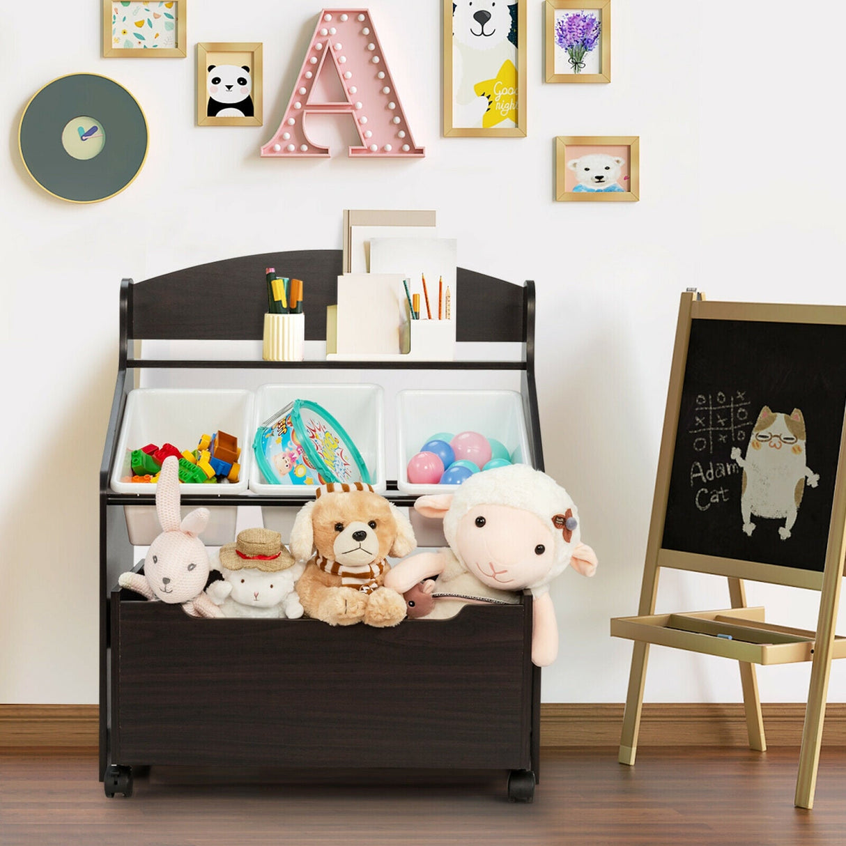 Organizador de almacenamiento de juguetes de madera para niños con caja de juguetes con ruedas y contenedores de plástico