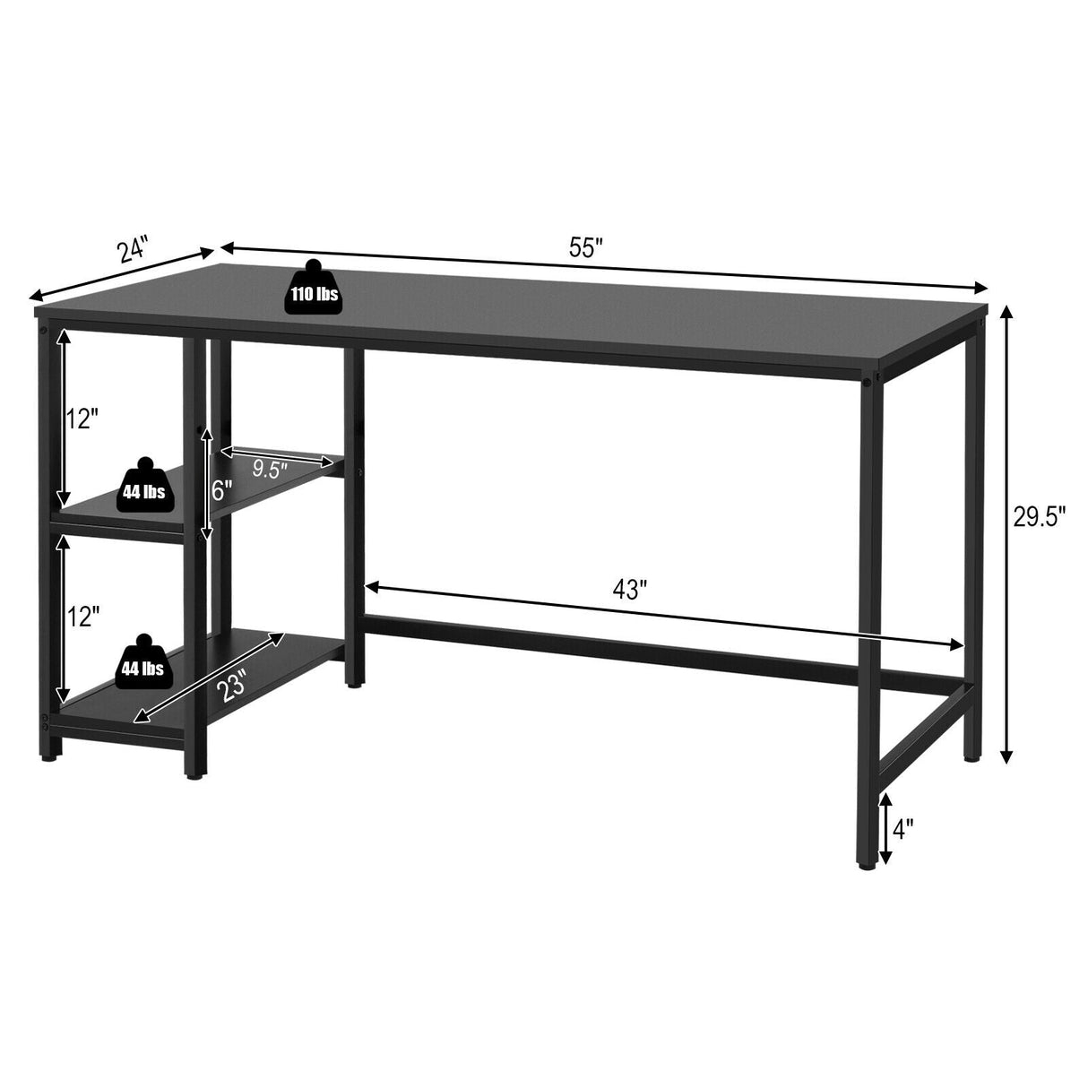 Escritorio de ordenador de 47 pulgadas, mesa de estudio, estación de trabajo para el hogar con estante ajustable, negro
