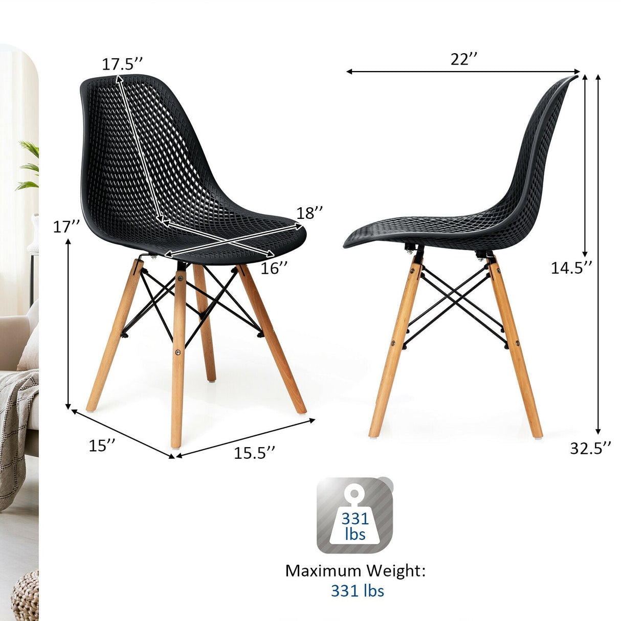 Juego de 4 sillas de plástico modernas con diseño calado y patas de madera