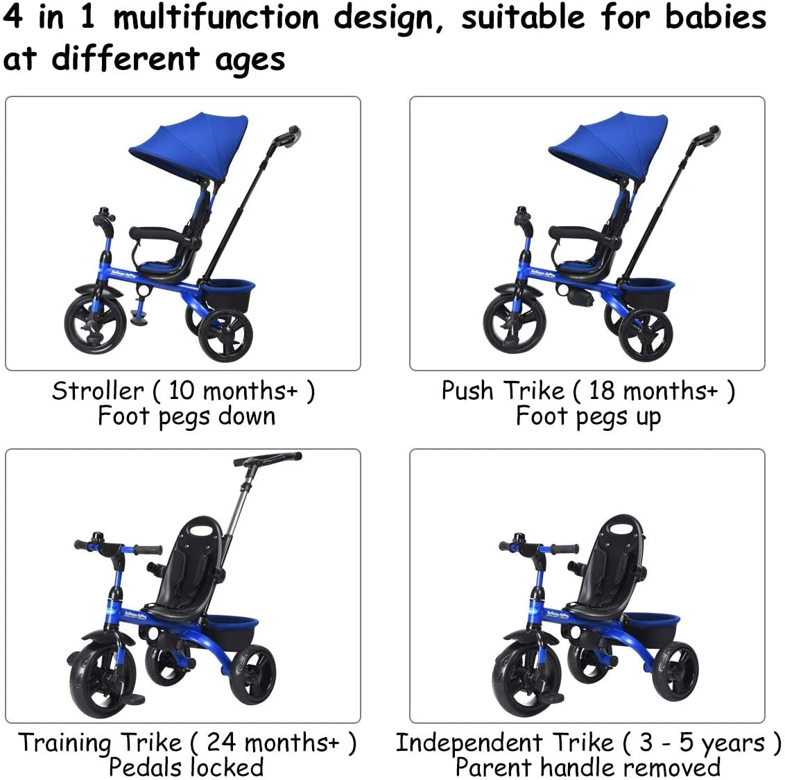 Triciclo infantil 4 en 1 con manija de empuje ajustable