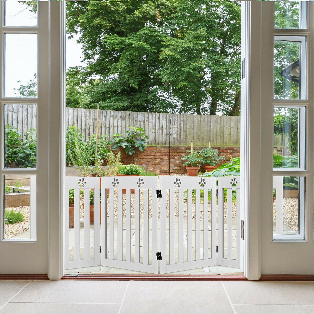 24 Inch Folding Wooden Freestanding Pet Gate Dog Gate with 360° Hinge