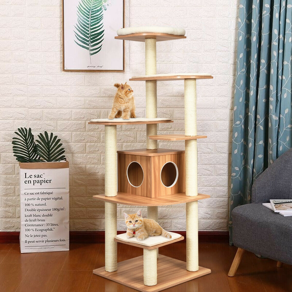Árbol para gatos de madera de 7 niveles, torre alta para gatos con postes de sisal y condominio