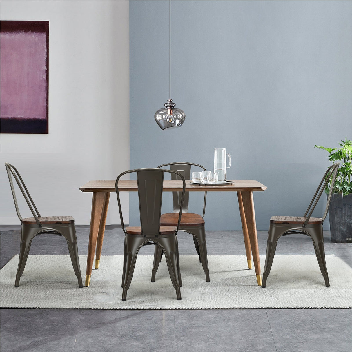 Juego de 4 sillas de comedor apilables de metal y madera de 18 pulgadas de alto