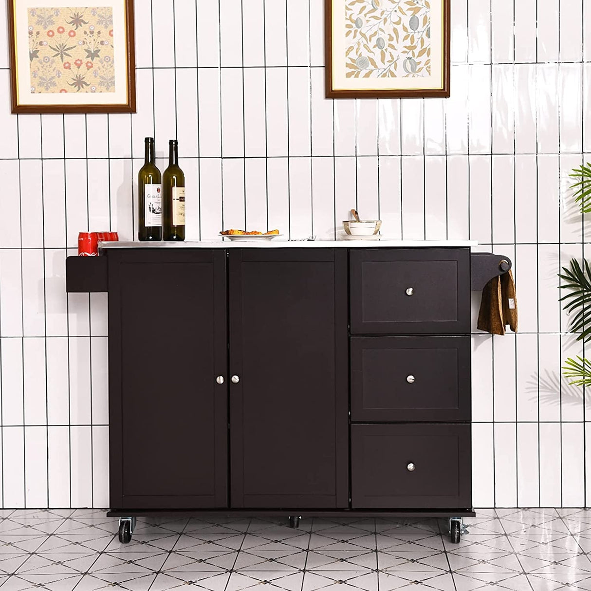 Isla de cocina con gabinete de almacenamiento de 2 puertas, cajones y encimera de acero inoxidable