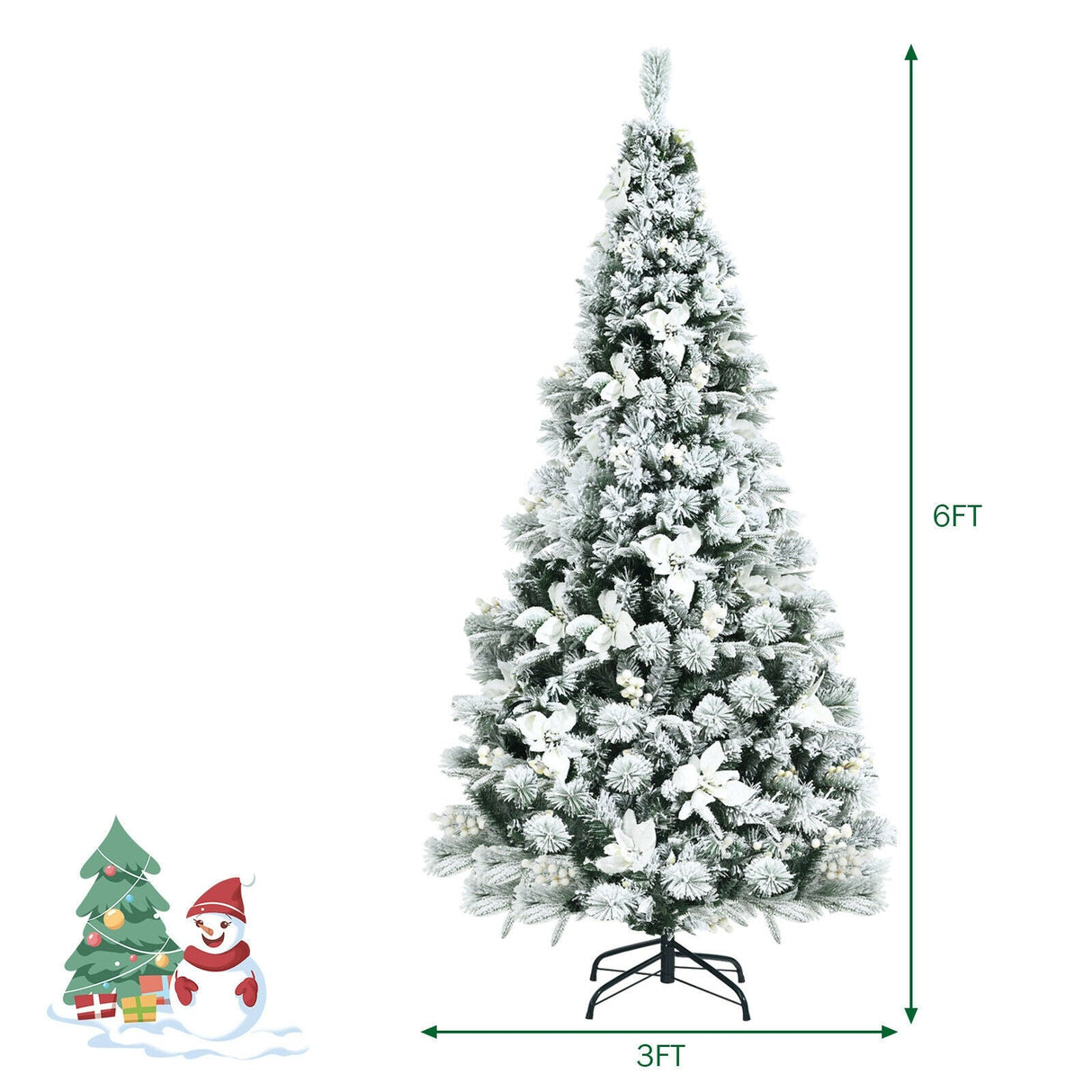Árbol de Navidad Artificial de 1.83 m con Aspecto Nevado, Bisagras, Bayas y Flores de Pascua