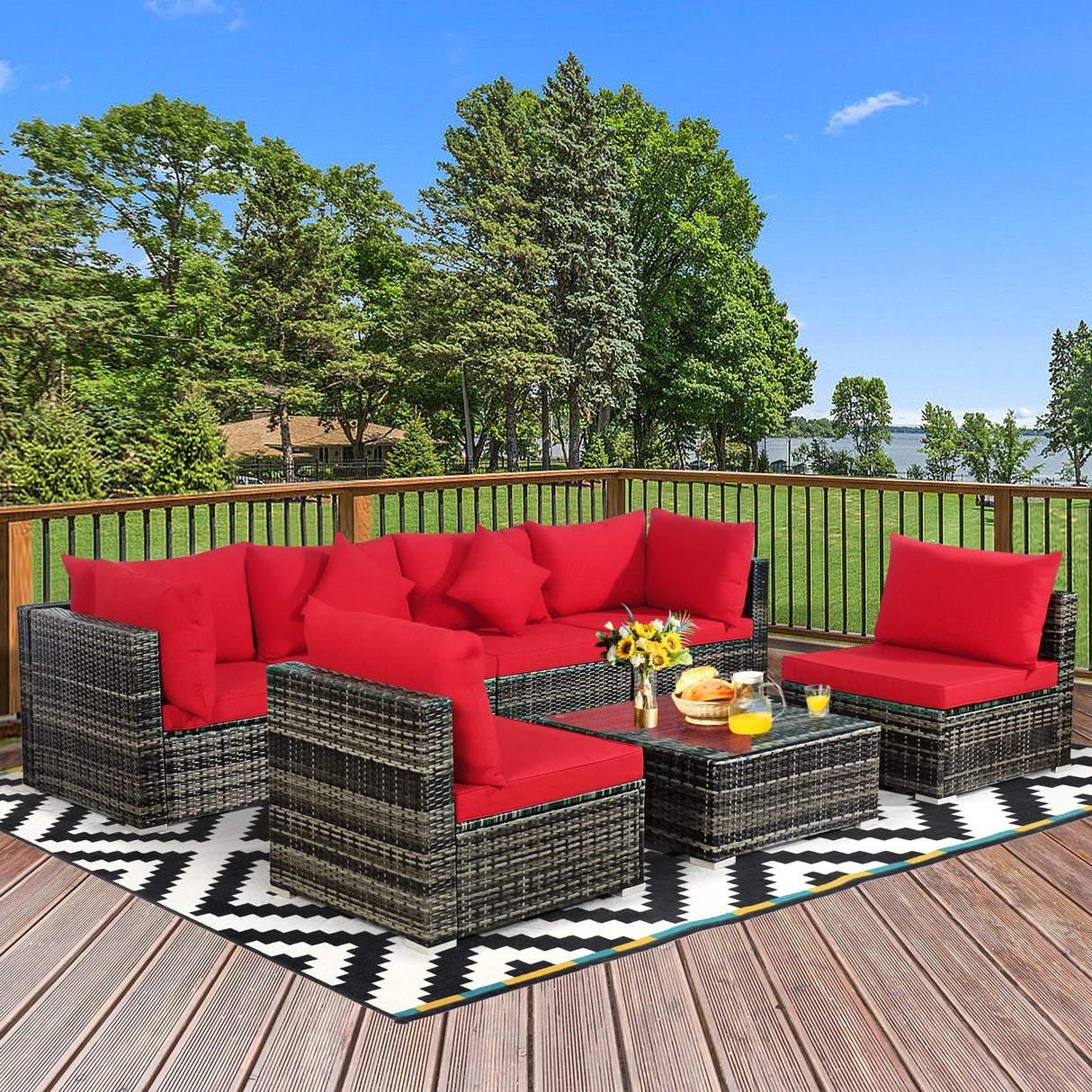 7 Pieces Patio Rattan Furniture Set Sectional Sofa Garden Cushion