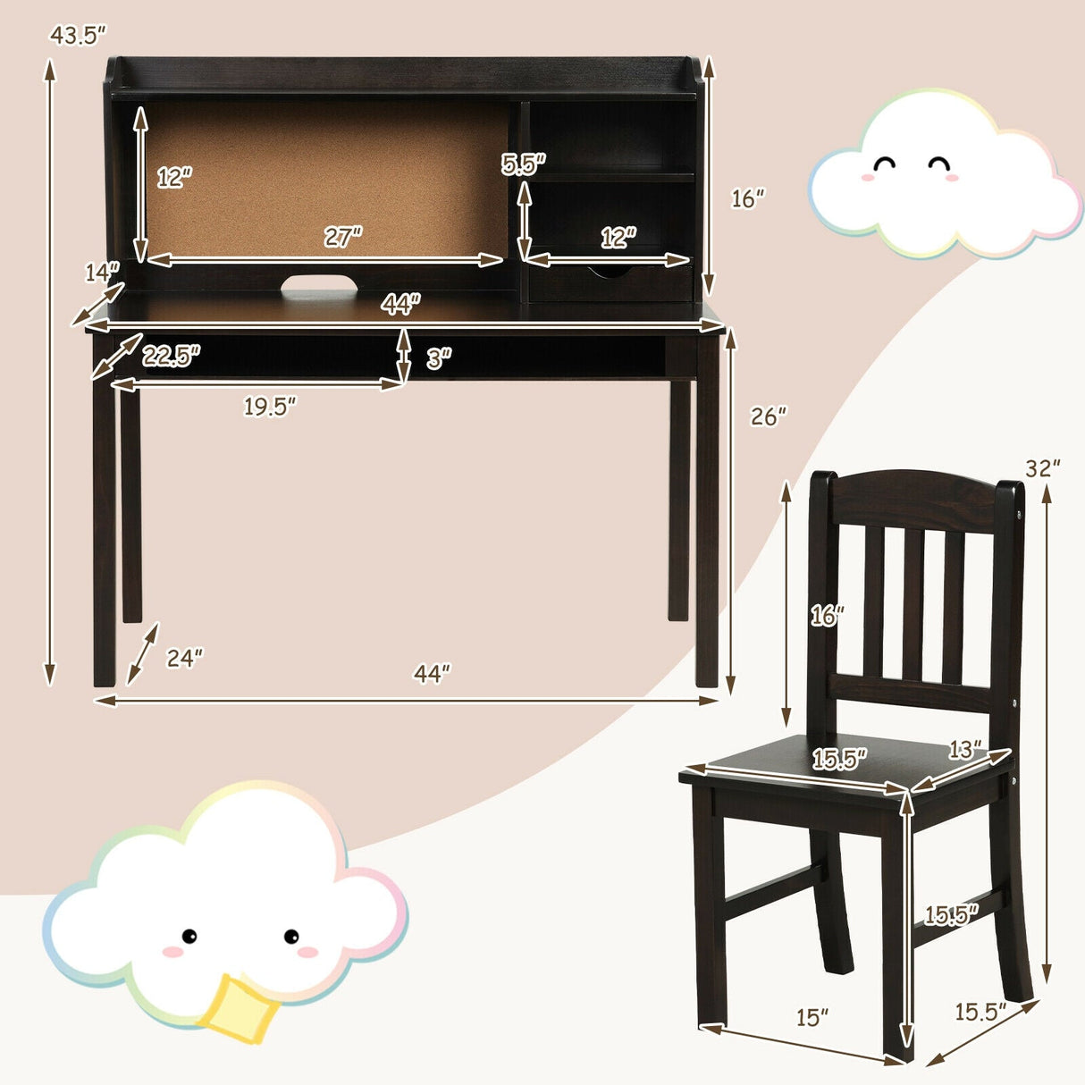 Juego de escritorio y silla para niños, escritorio de estudio con estantería y repisas