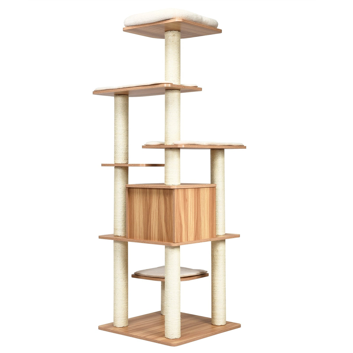 Árbol para gatos de madera de 7 niveles, torre alta para gatos con postes de sisal y condominio