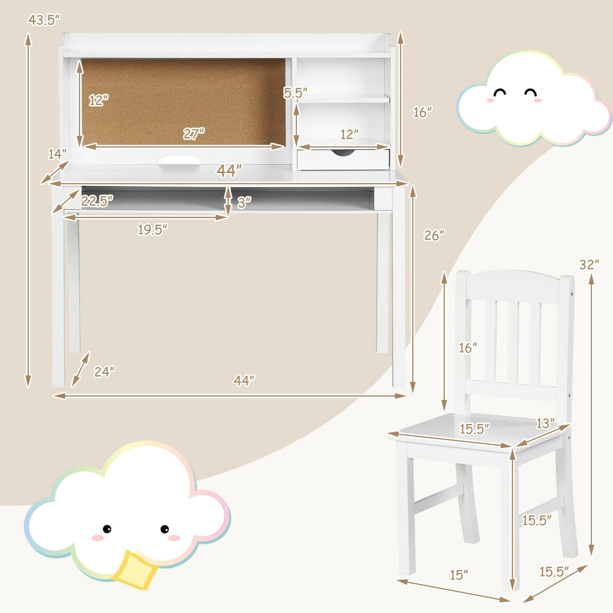 Juego de escritorio y silla para niños, escritorio de estudio con estantería y repisas