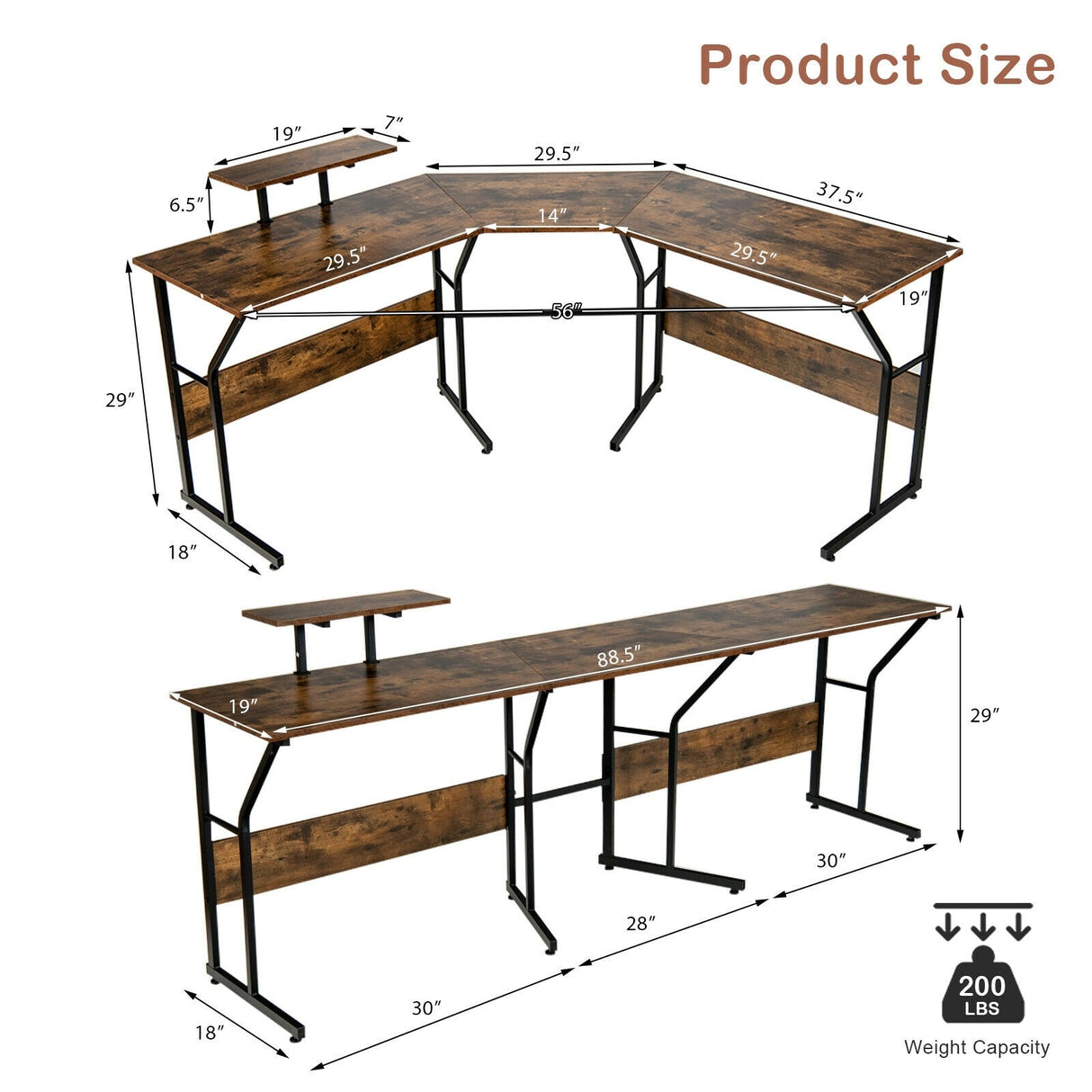 Mesa de escritorio para ordenador en forma de L reversible de 88,5 pulgadas con soporte para monitor