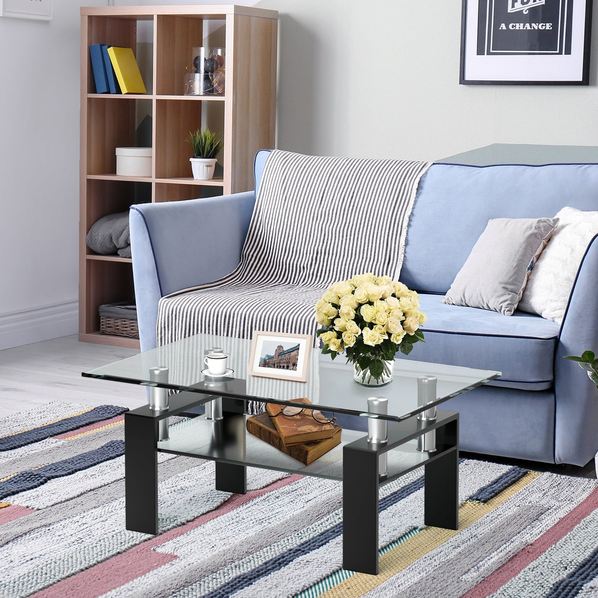 Mesa de centro rectangular de cristal con patas metálicas para salón