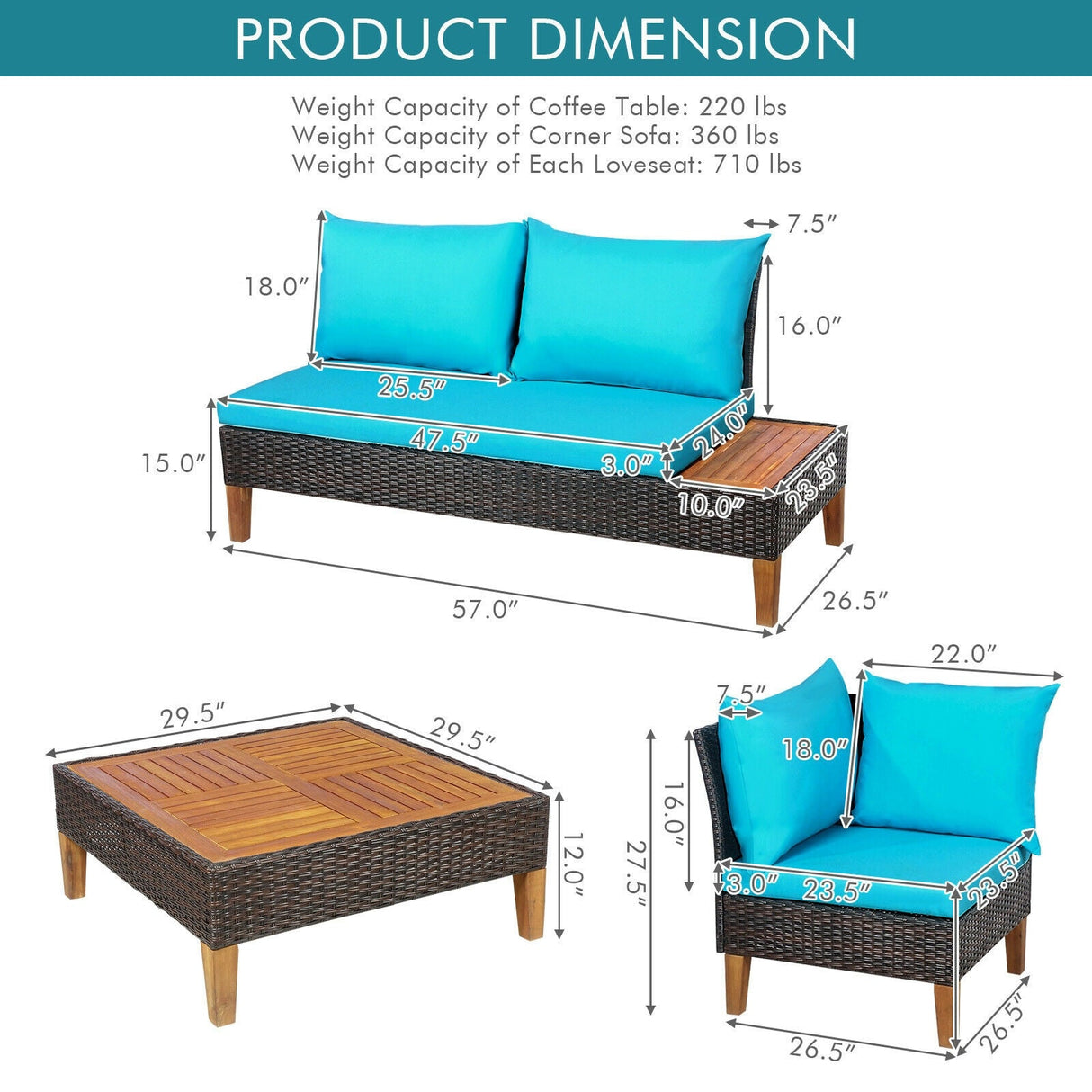 Juego de muebles de ratán acolchados para patio de 4 piezas con mesa auxiliar de madera