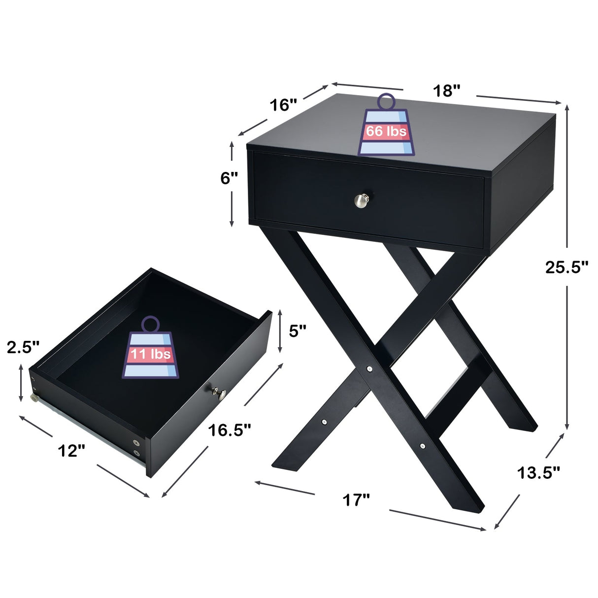 Mesita de noche moderna en forma de X con cajón para sala de estar o dormitorio