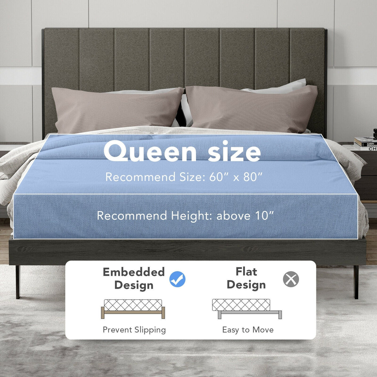 Base de cama tapizada Queen con cabecero capitoné