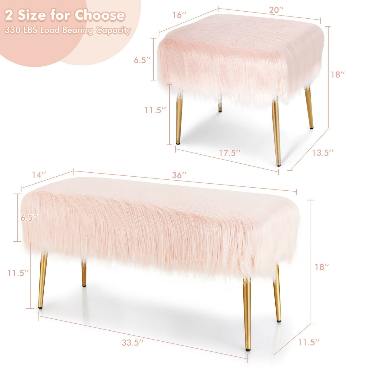 Taburete de Tocador de Pelo Sintético con Patas de Metal Doradas para Sala de Maquillaje