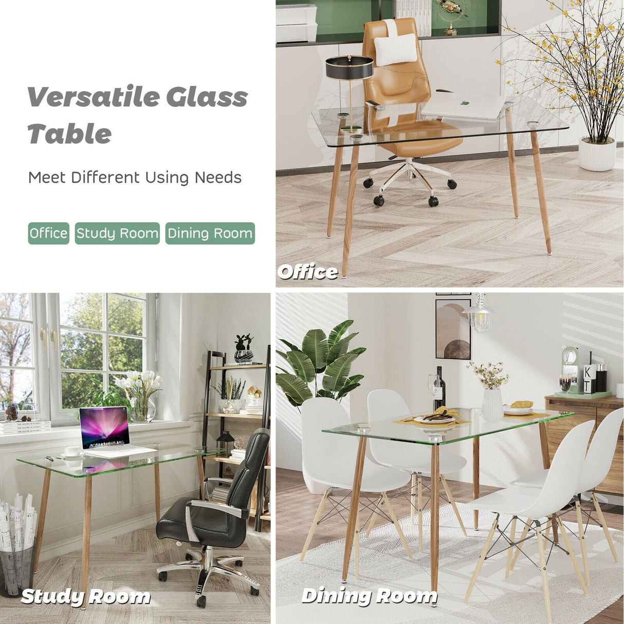 Mesa de comedor rectangular de cristal moderna con patas de metal