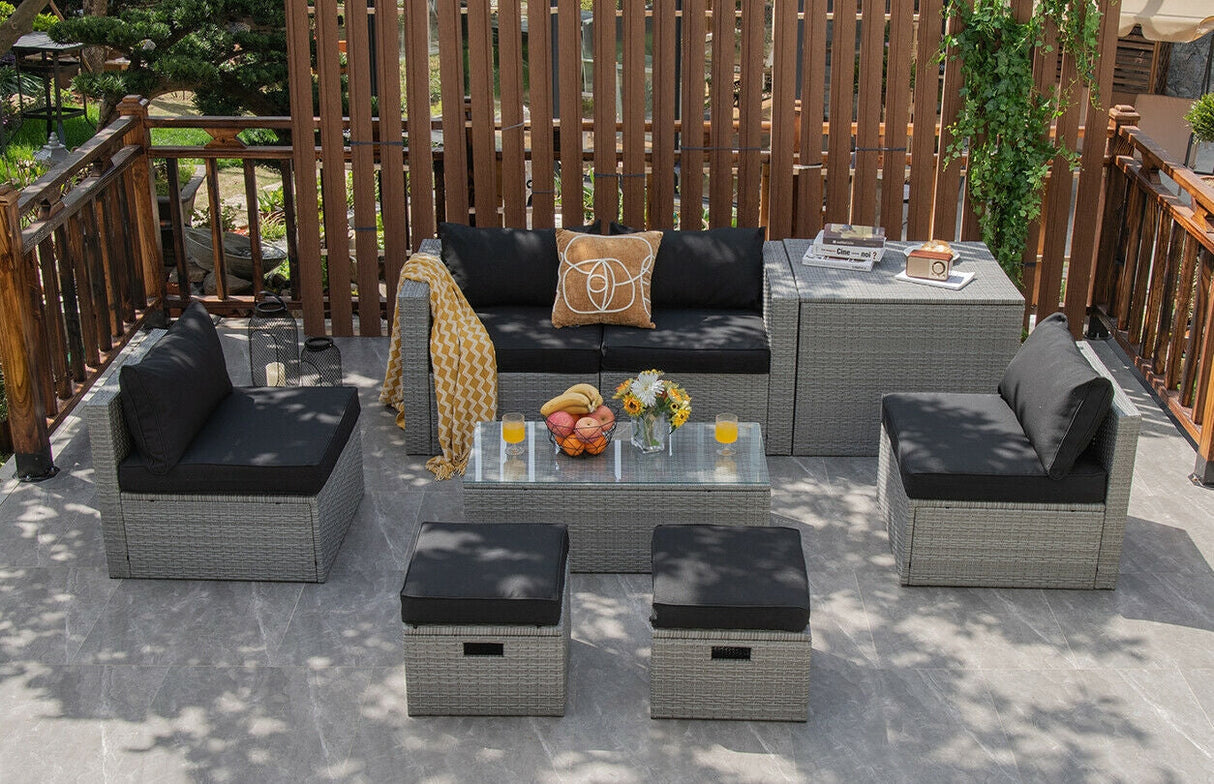 Juego de Muebles de Patio de Ratán de 8 Piezas con Funda Impermeable y Cojines