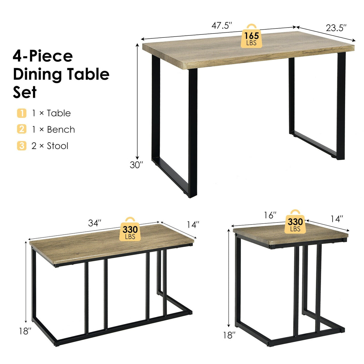 Juego de comedor industrial de 4 piezas con banco y 2 taburetes - Roble