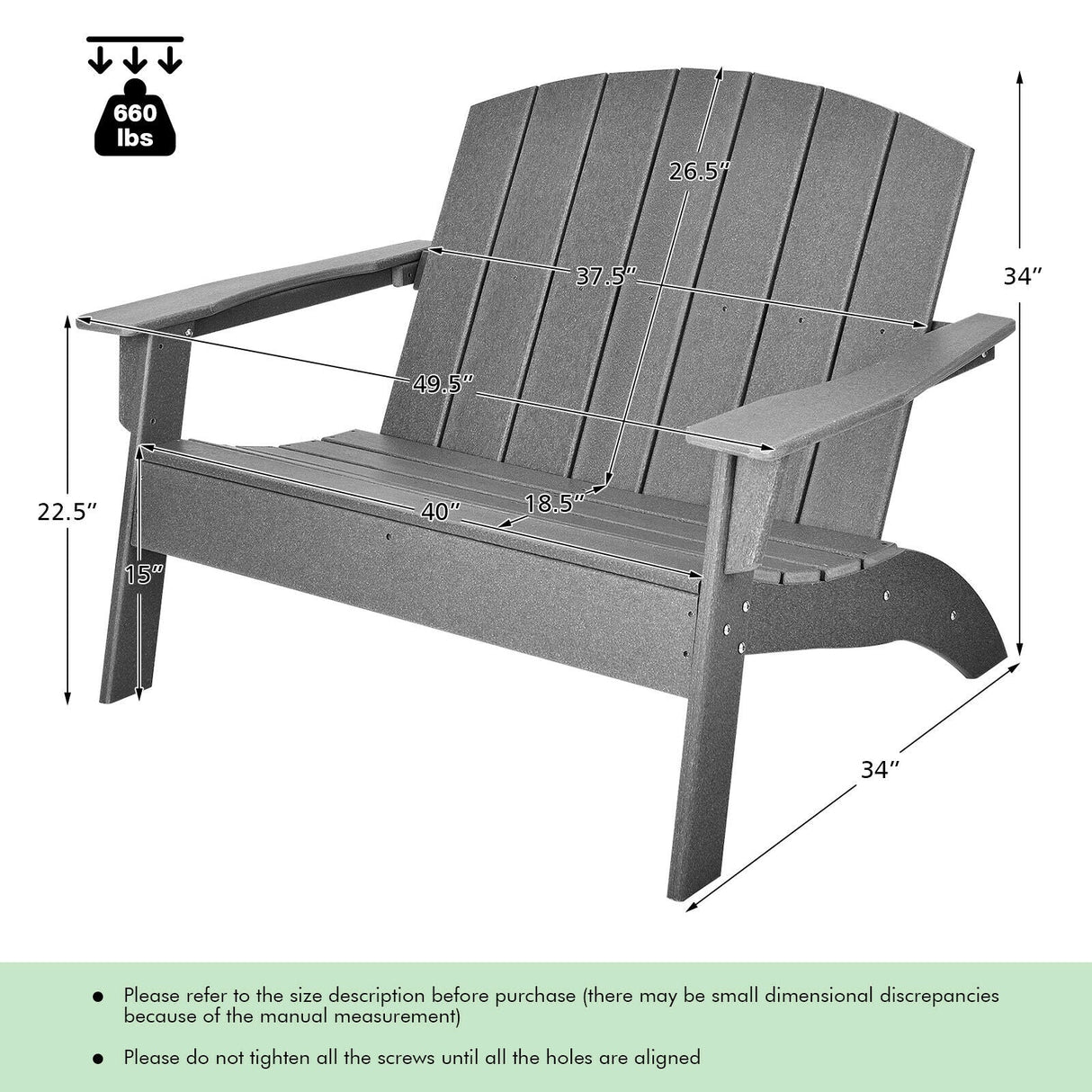 Sillón Adirondack de patio de HDPE para porche, jardín, patio trasero - Gris