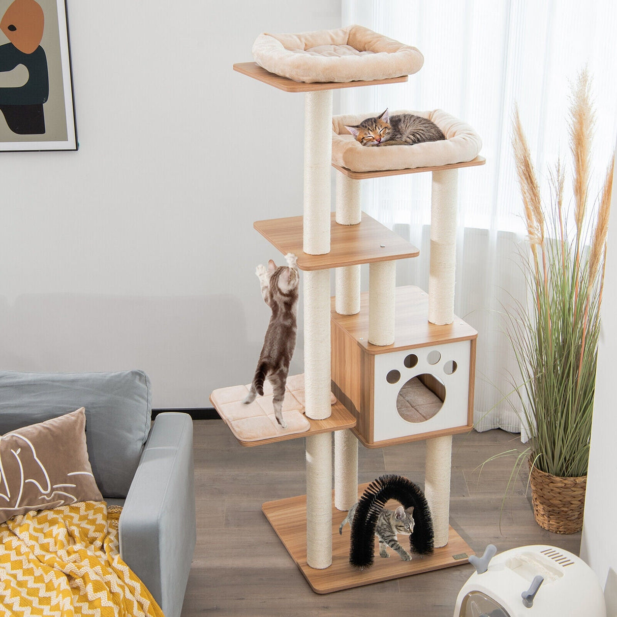 Árbol rascador para gatos de interior con plataforma y postes rascadores - Beige