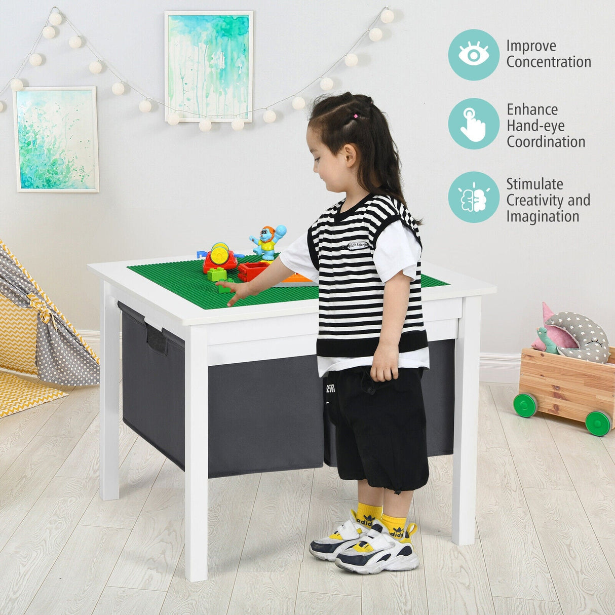 Mesa de construcción de bloques de doble cara 2 en 1 con cajones para niños - Blanca