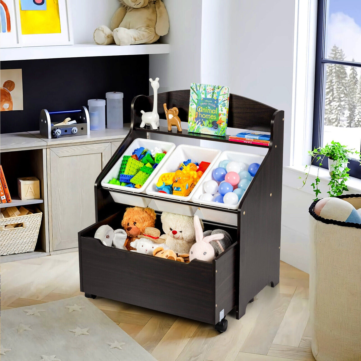 Organizador de almacenamiento de juguetes de madera para niños con caja de juguetes con ruedas y contenedores de plástico