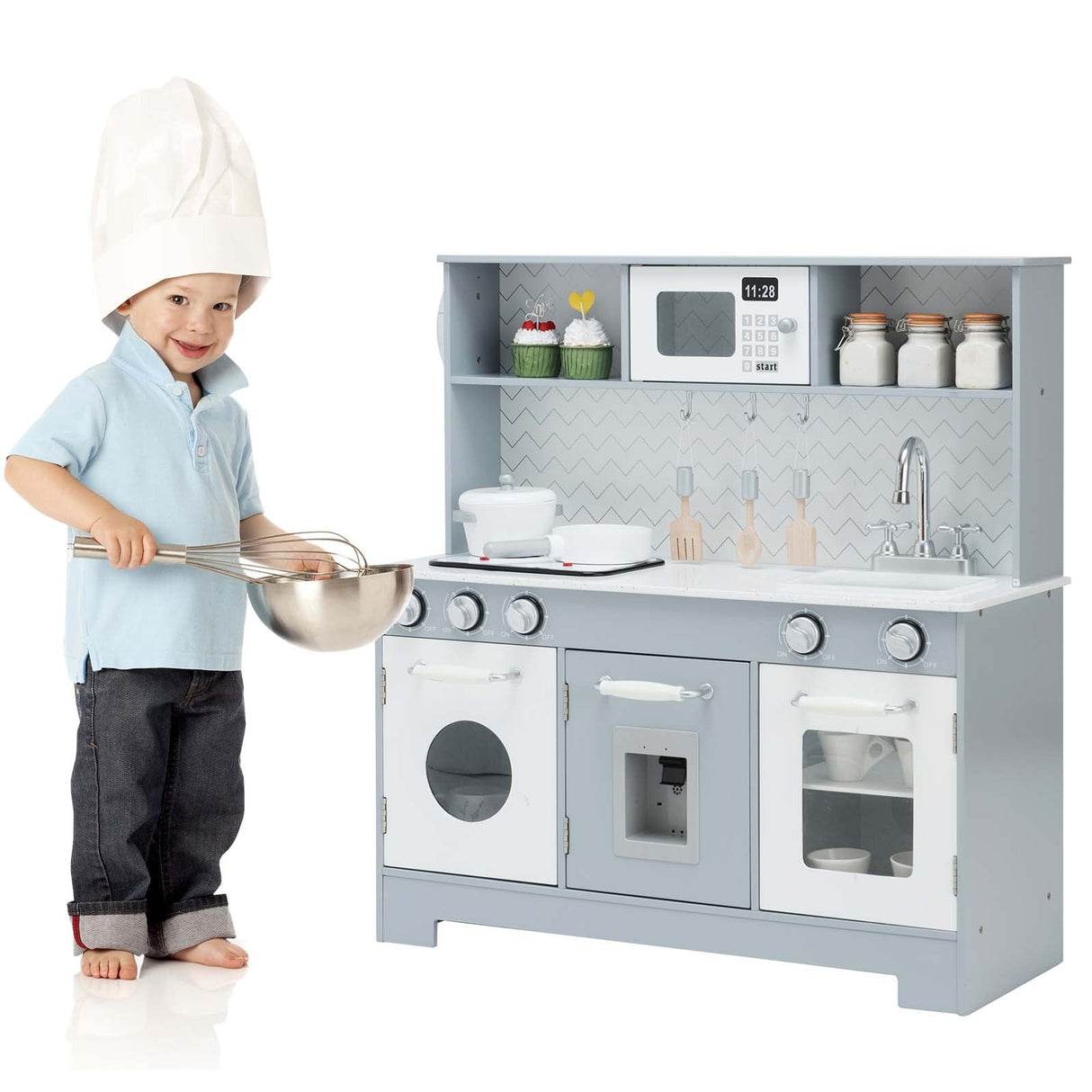 Juego de cocina de juguete de madera para niños con luces y sonidos realistas