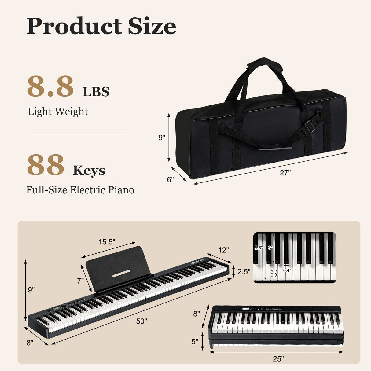 Piano eléctrico plegable de 88 teclas con luces, teclado portátil de tamaño completo MIDI