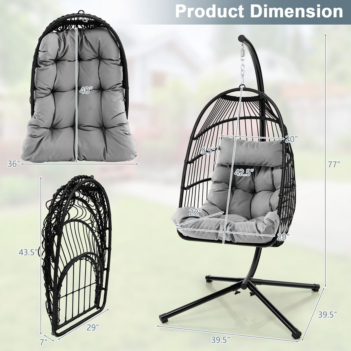 Patio Hanging Egg Chair with Stand Waterproof Cover and Folding Basket-Gray