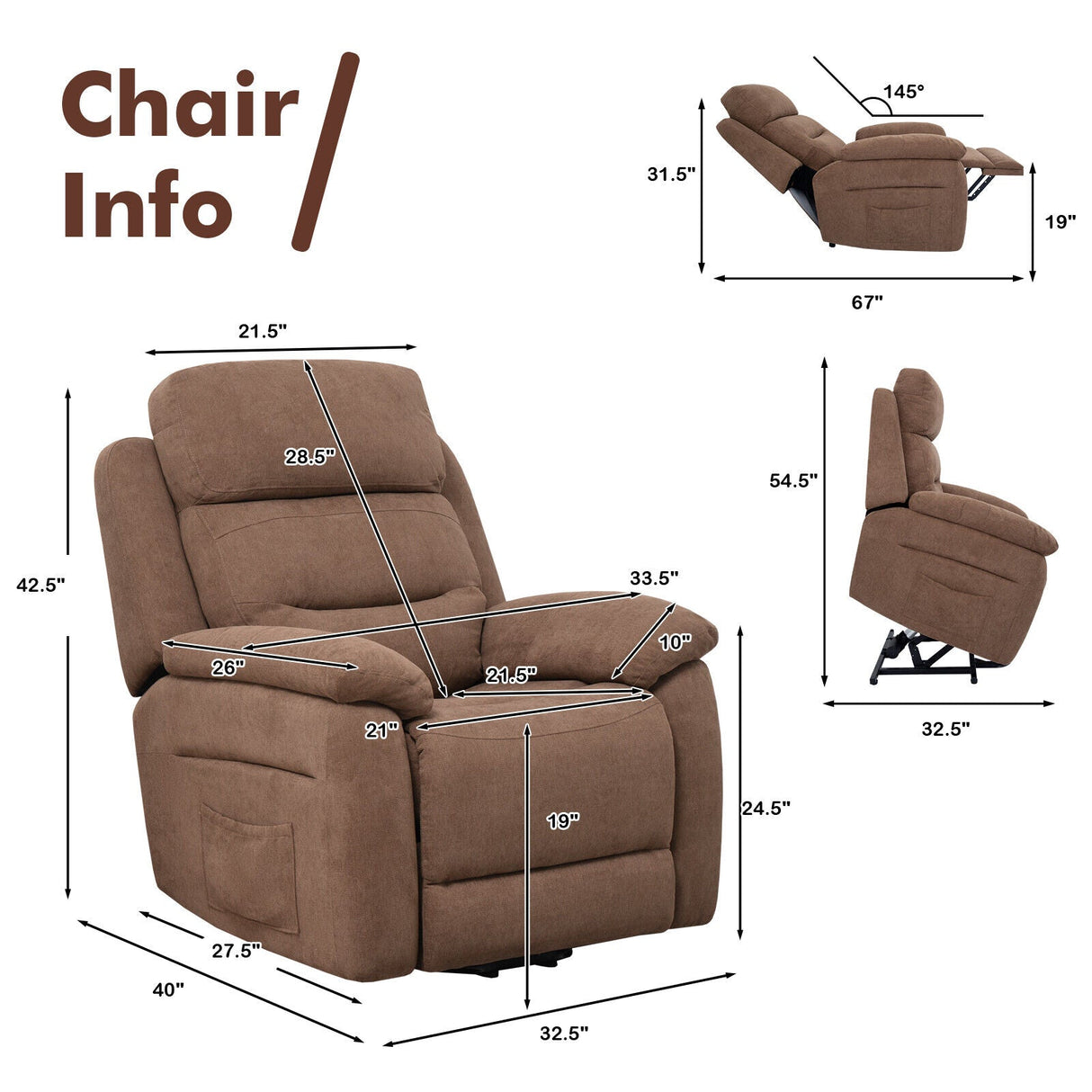 Sofá reclinable eléctrico con bolsillo lateral y control remoto