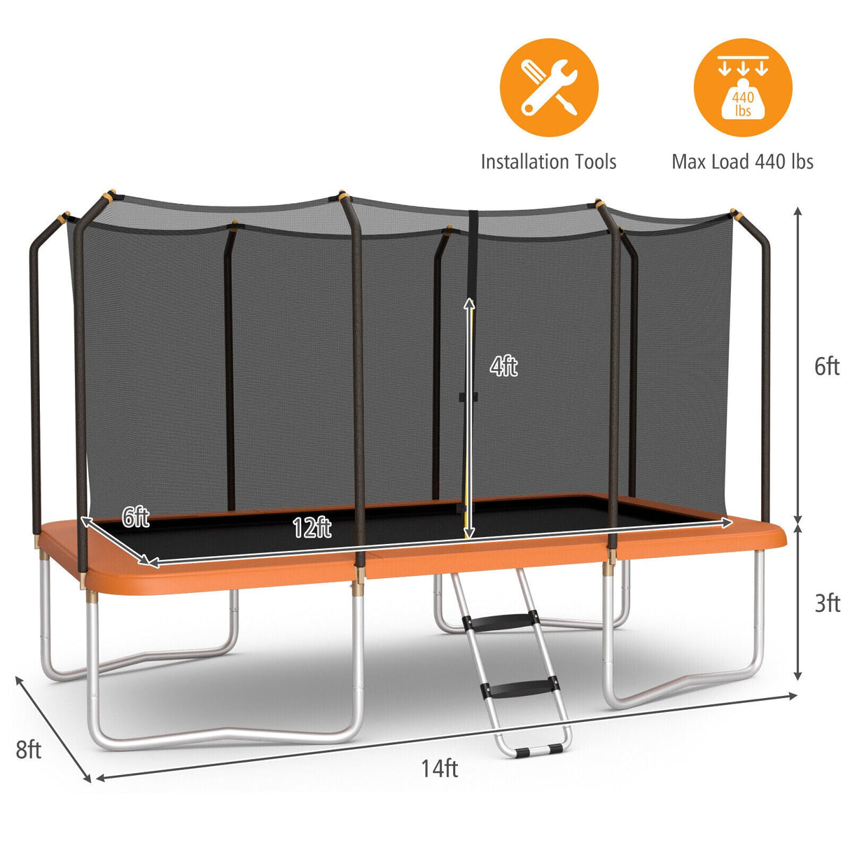 Cama elástica rectangular recreativa de 8 x 14 pies con red de seguridad y escalera