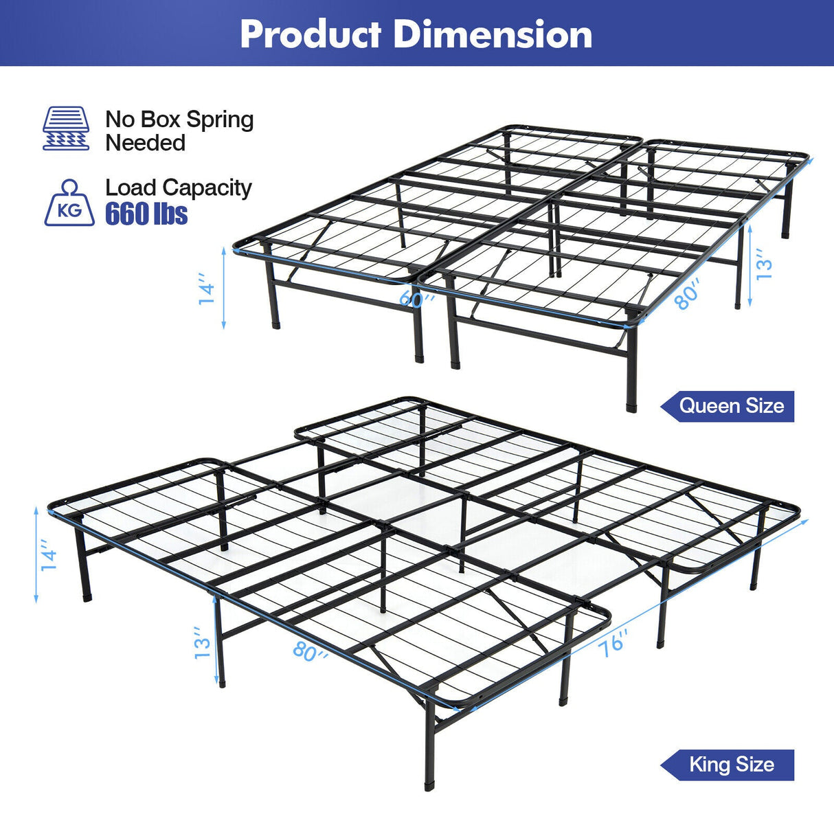 Full/King Size Folding Steel Platform Bed Frame for Kids and Adults
