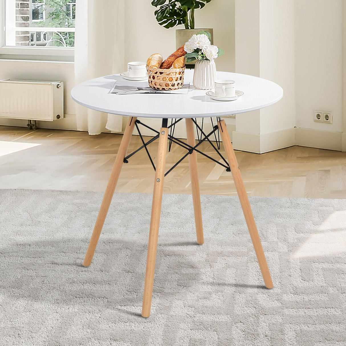 Mesa de comedor redonda moderna con pata de madera maciza - Blanca
