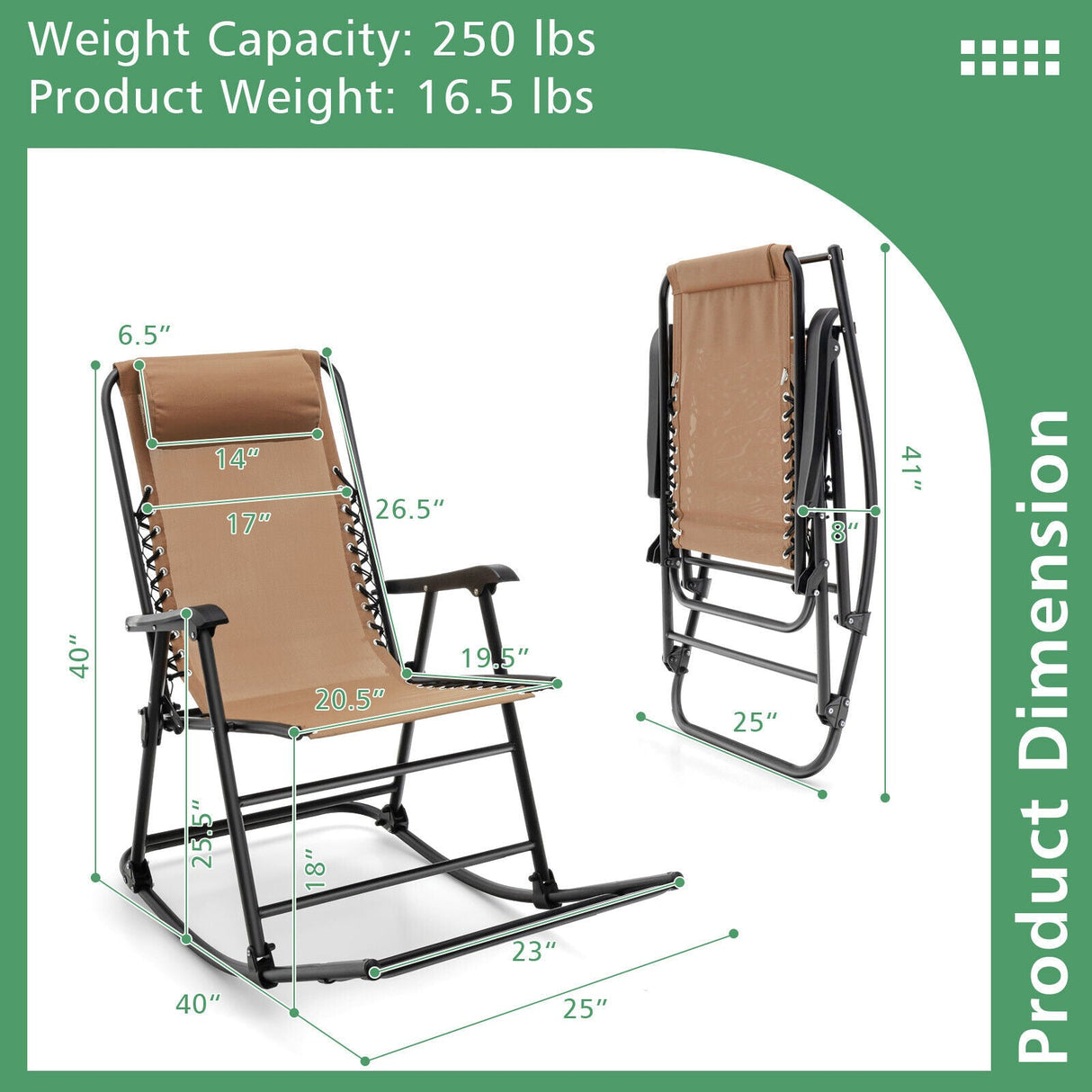Sillón mecedora plegable liviano para exteriores con reposapiés