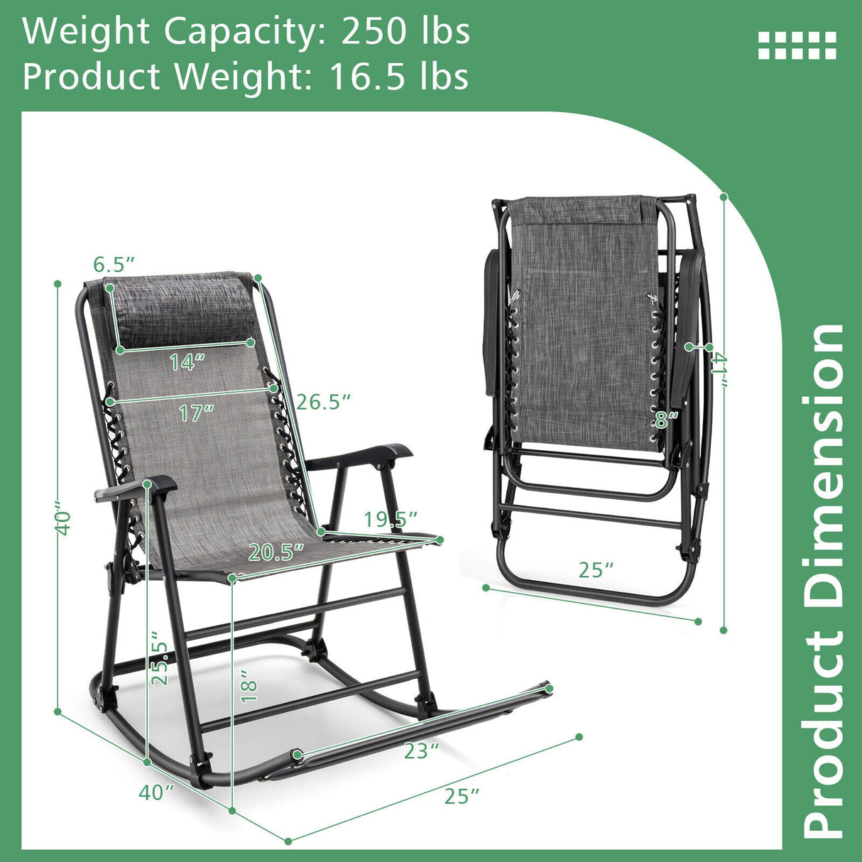 Sillón mecedora plegable liviano para exteriores con reposapiés
