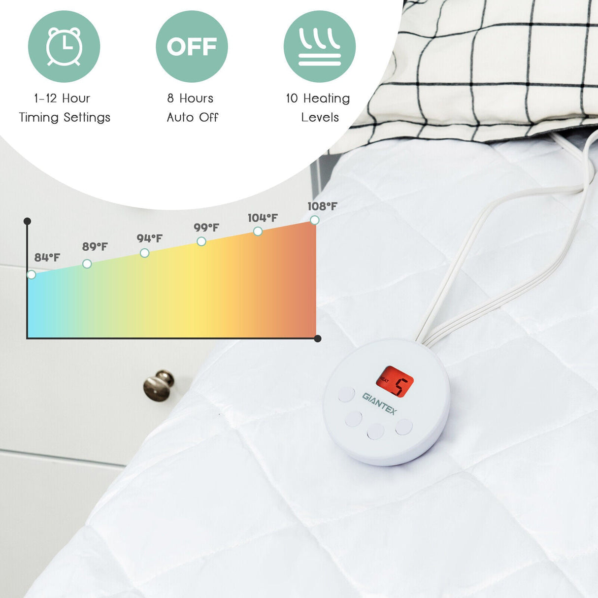 Colchón eléctrico con calefacción y apagado automático con controlador dual - Tamaño Queen