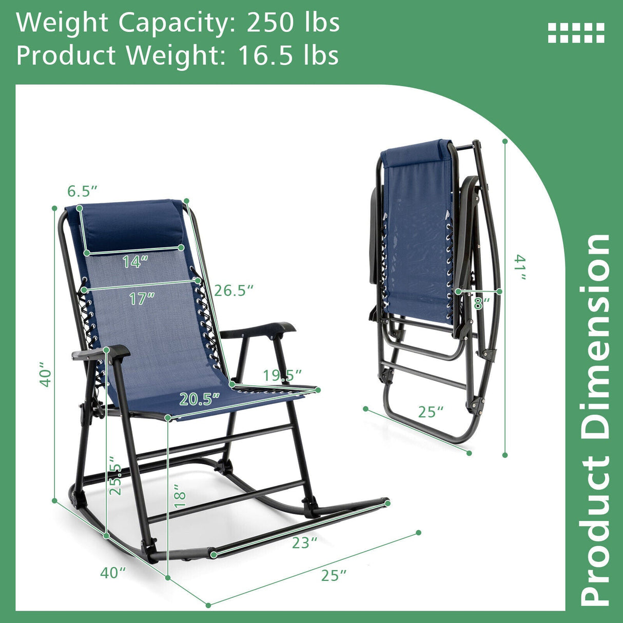 Sillón mecedora plegable liviano para exteriores con reposapiés