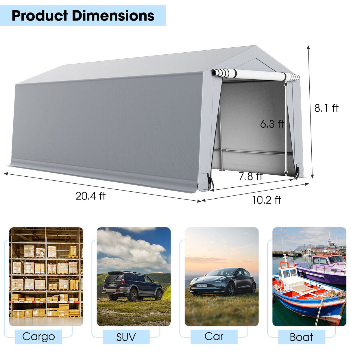 10 x 16/10 x 20 Feet Outdoor Heavy-Duty Carport with 2 Doors